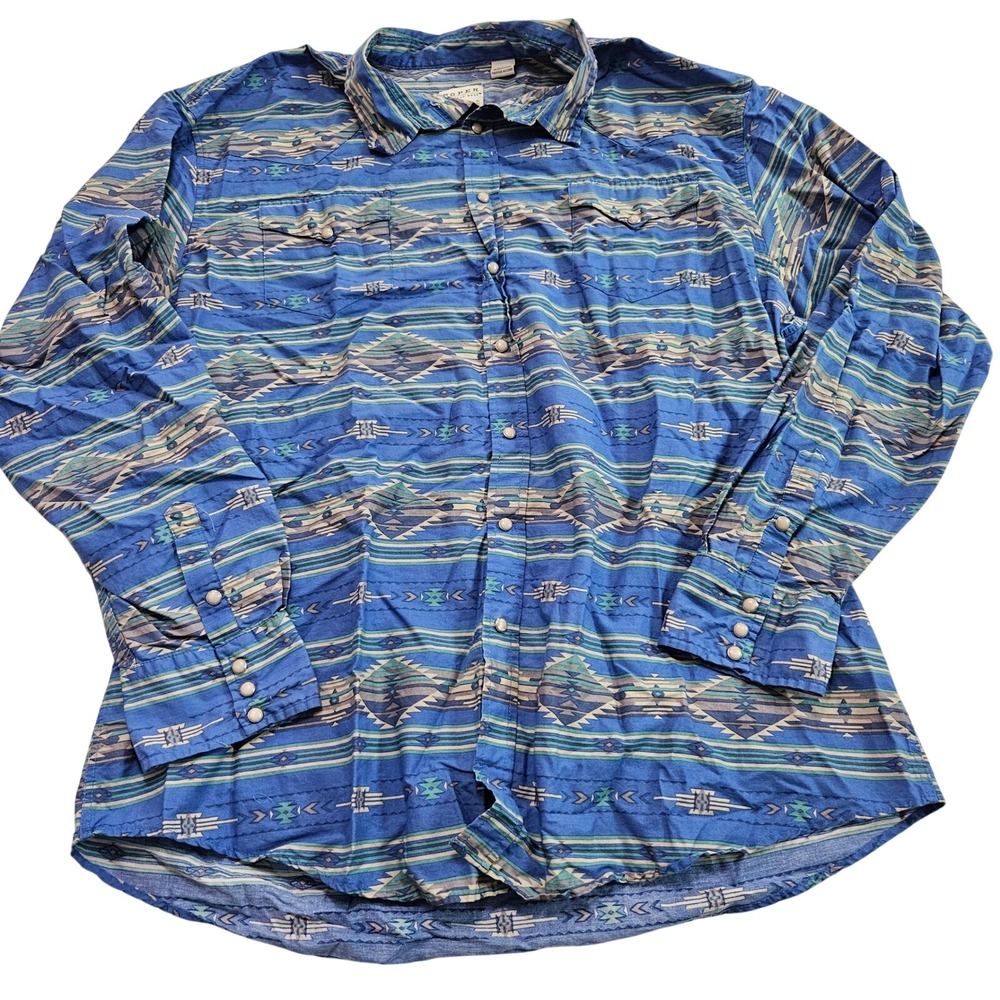 Roper Mens Blue Southwestern Tribal Long Sleeve Pearl Snap Cowboy Shirt 2XL